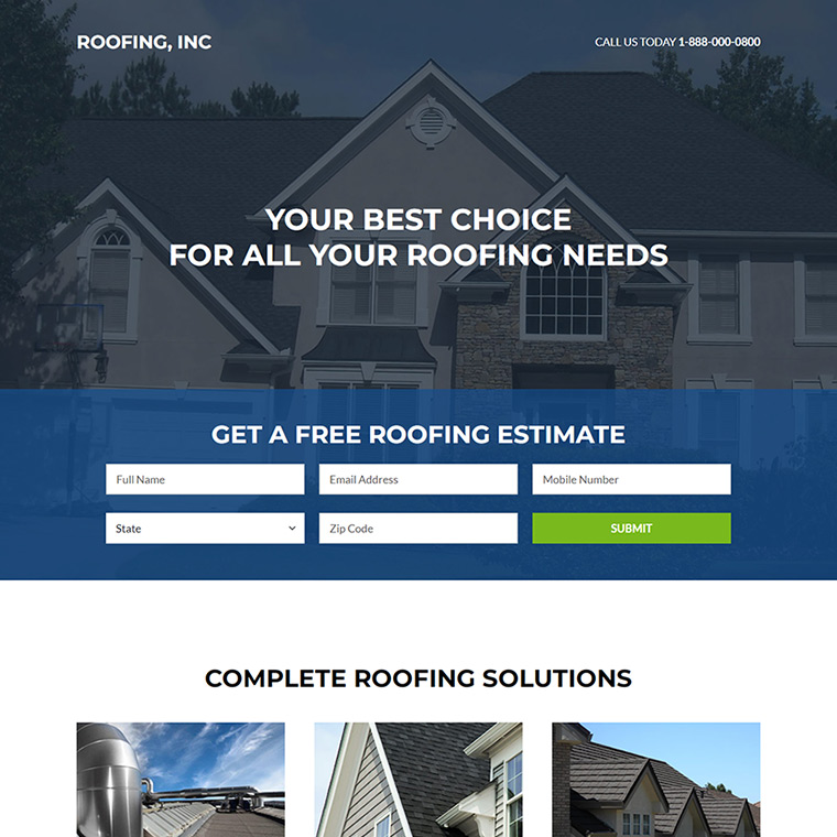 roofing and restoration service free estimate responsive landing page Roofing example