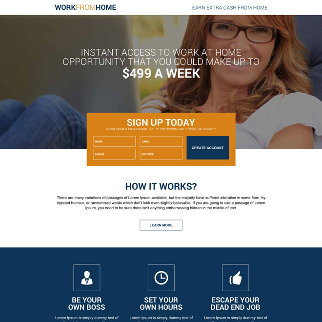 best work from home responsive lead generating landing page Work from Home example