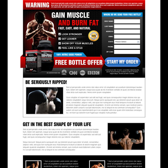 gain muscle and burn fat fast easy and natural dark and effective lead capture landing page Bodybuilding example