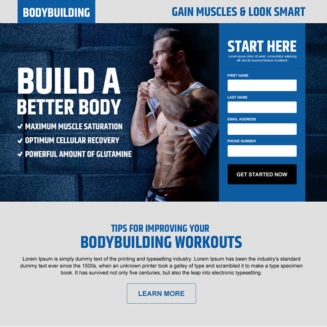 look smart bodybuilding lead gen responsive landing page design Bodybuilding example