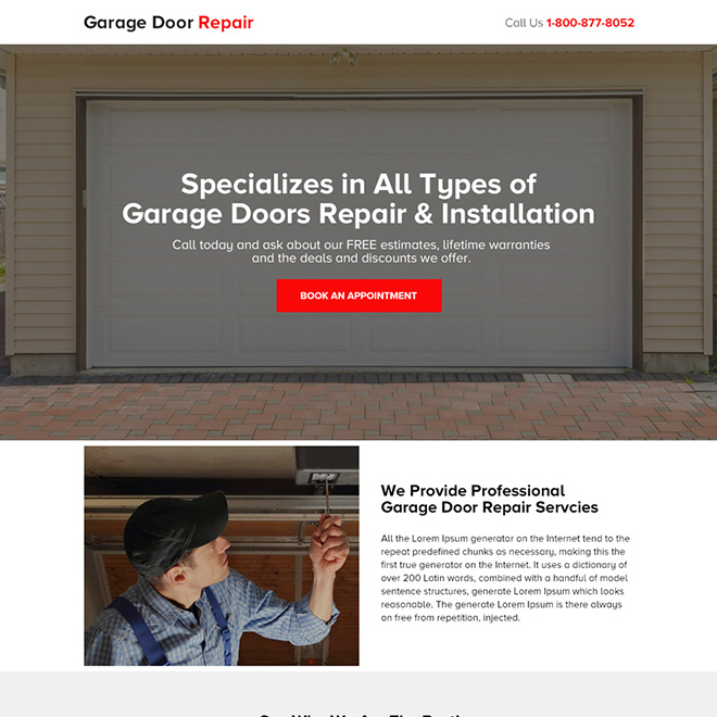 garage door repair and installation bootstrap landing page