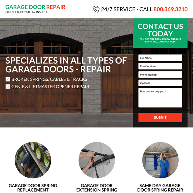 responsive garage door repair service landing page design