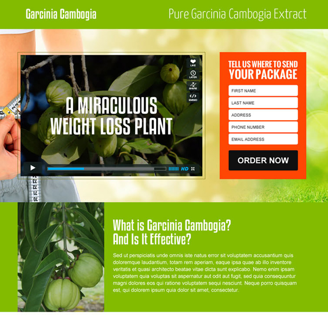 garcinia cambogia lead generating video landing page design template Weight Loss example