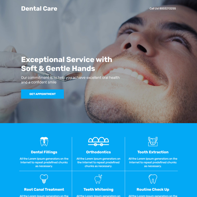 dental filling and tooth extraction service lead capture landing page Dental Care example