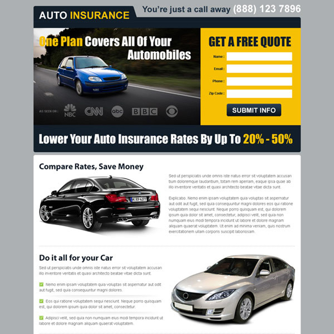 one plan for all your automobiles free quote clean and converting landing page