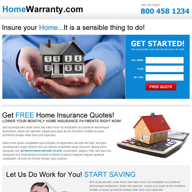 free home insurance responsive landing page design Home Insurance example