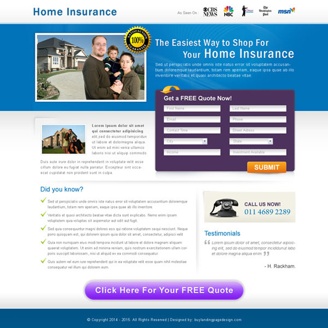 home insurance clean and effective lead capture landing page design for sale Home Insurance example