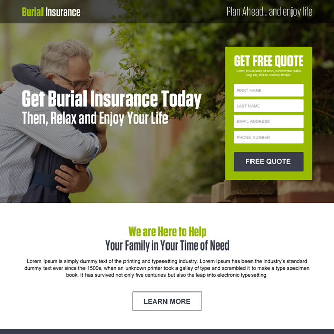 Life Insurance Policy With Benefit Business Landing Page Burial Insurance Free Quote Lead Generation Landing Page Design Example