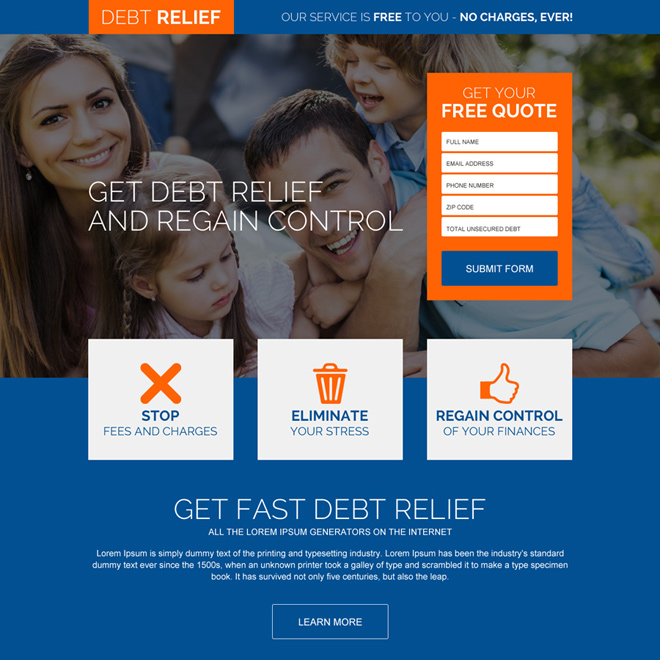 fast debt relief free quote responsive landing page design