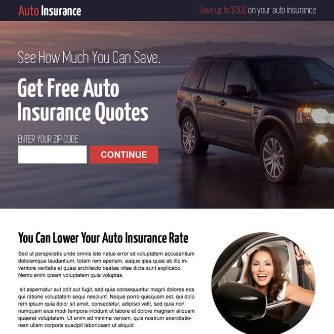 get free auto insurance quote clean modern and professional lead capture responsive landing page design Auto Insurance example