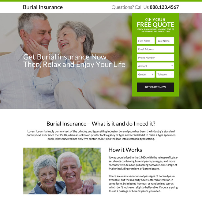 burial insurance phone call and email capturing responsive landing page Burial Insurance example