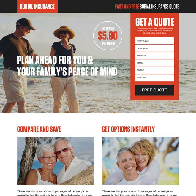 Life Insurance Policy With Benefit Business Landing Page Burial Insurance Get A Free Quote Lead Capture Landing Page Example