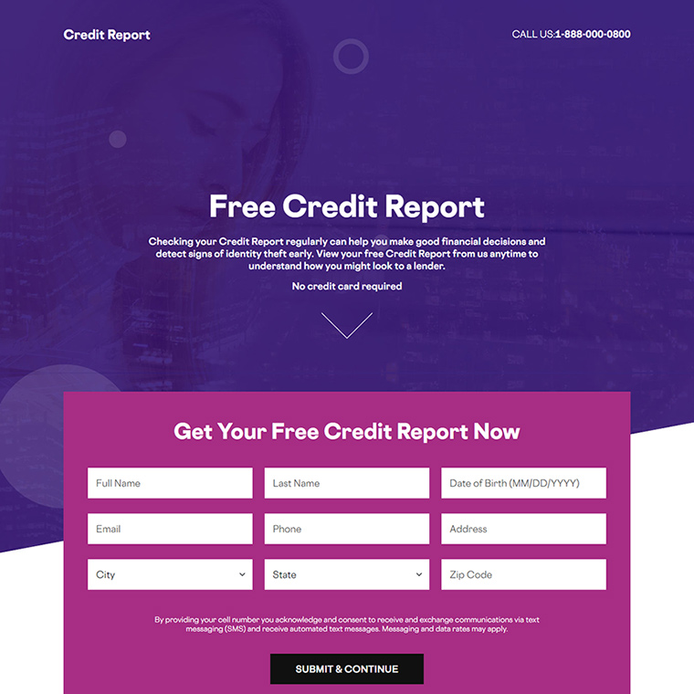 get free credit report lead capture landing page Credit Report example