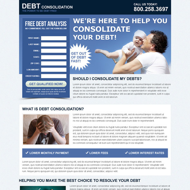 consolidate your debt free analysis lead capture landing page Debt example