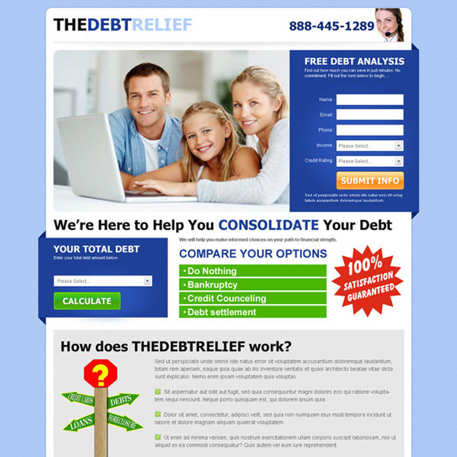 the debt relief clean and converting lead capture landing page design template