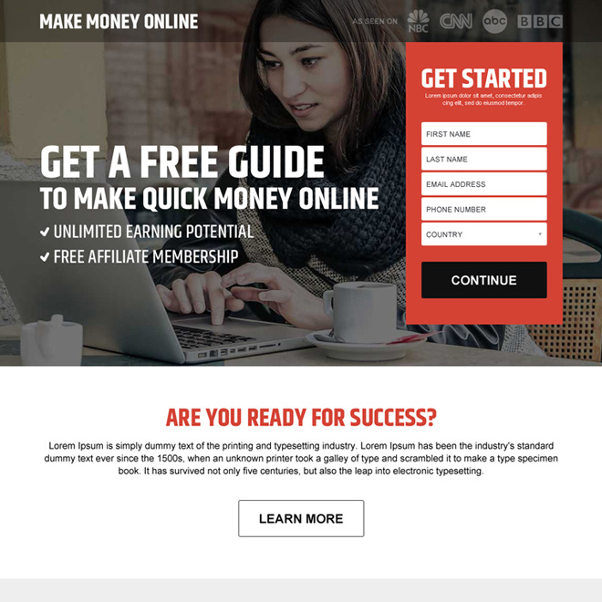 free guide to make money online responsive landing page