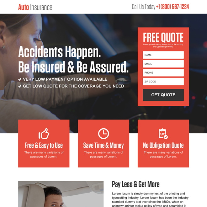 auto insurance free quote lead gen responsive landing page design Auto Insurance example