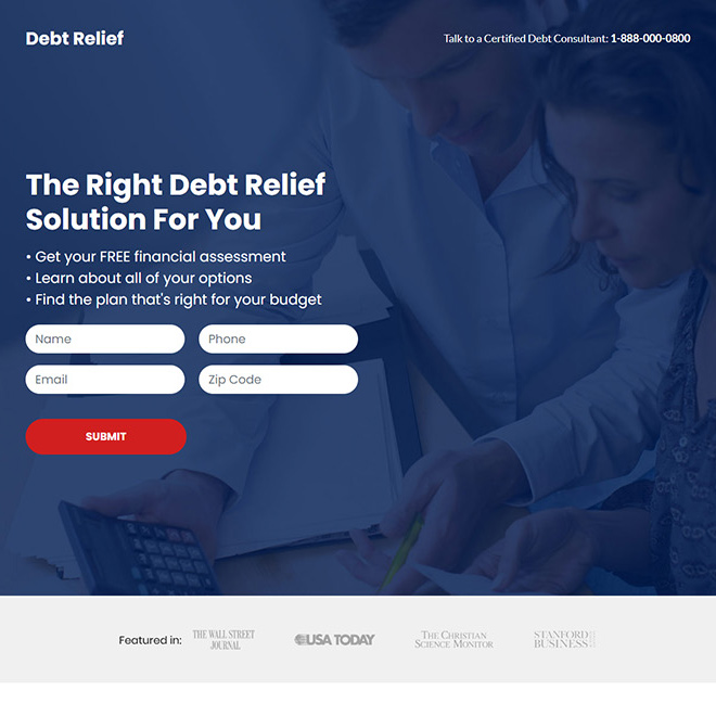 debt relief consultant responsive landing page design