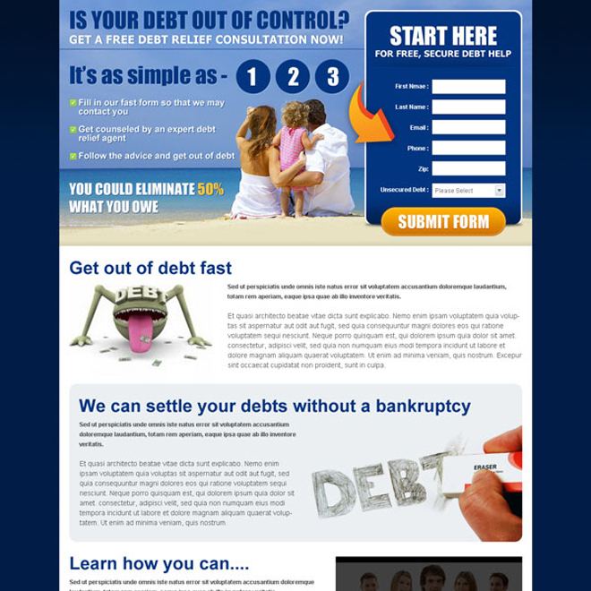 get a free debt relief consultation now lead capture effective and converting squeeze page design Debt example