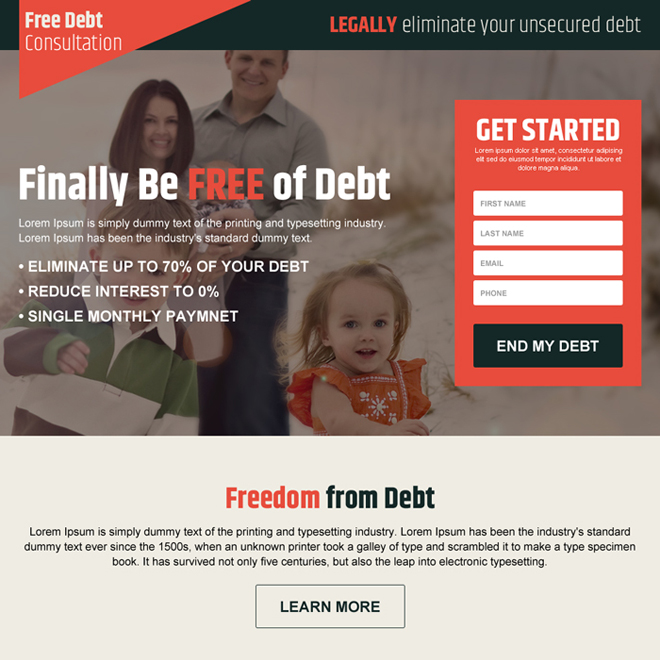 responsive debt free lead gen landing page design Debt example