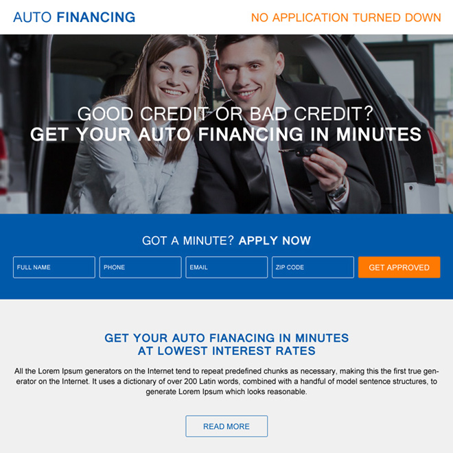 get your auto financing in minutes responsive landing page Auto Financing example