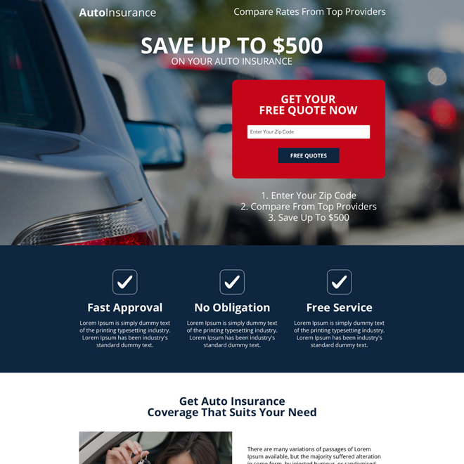 responsive auto insurance free quote capturing landing page