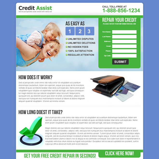 credit assist repair your credit lead gen landing page template Credit Repair example