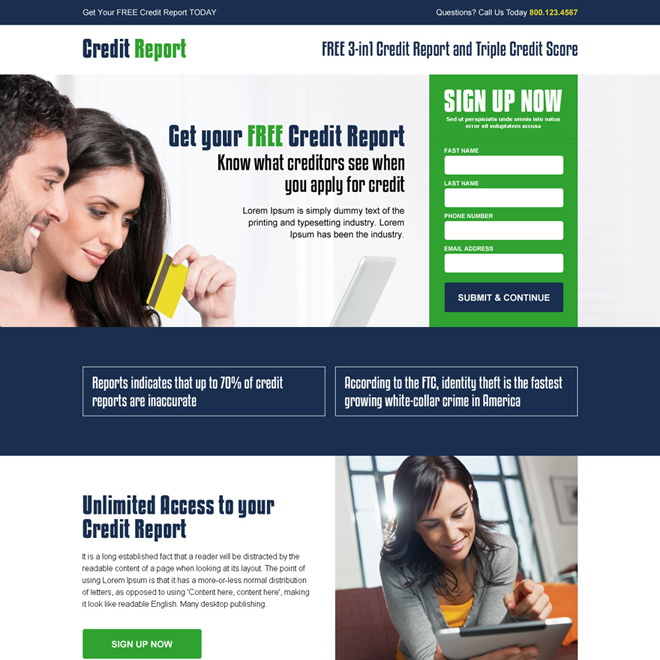 get your free credit report score responsive landing page design Credit Report example