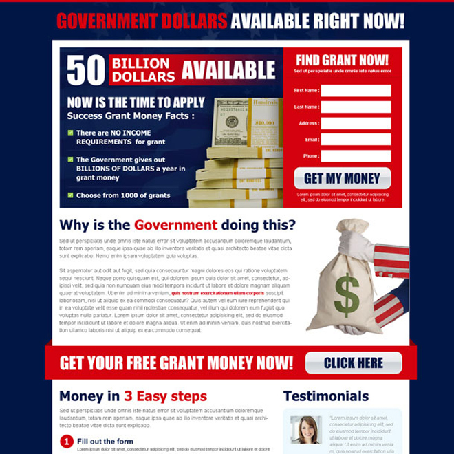 find government grant now most converting lead capture squeeze page design