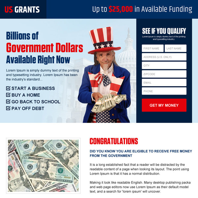 get your government grants money lead gen landing page