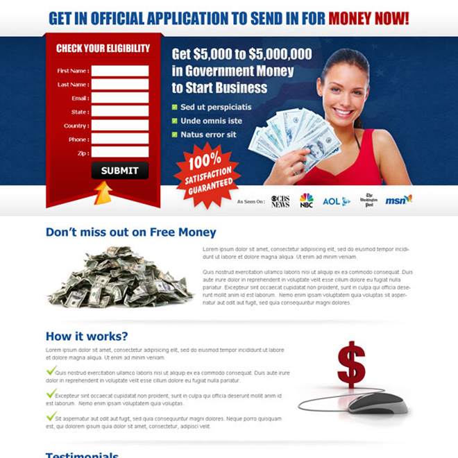 check your eligibility for government money lead capture page design