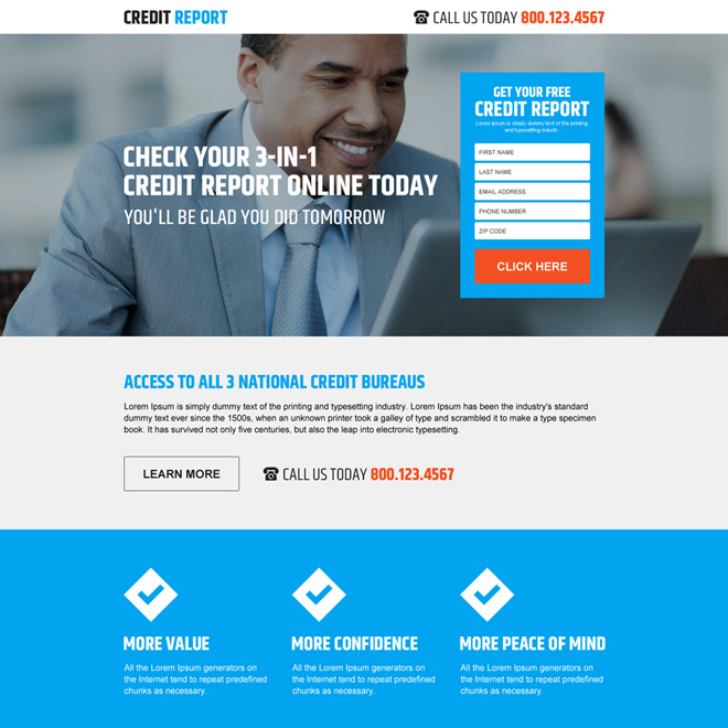 responsive credit report lead generating landing page Credit Report example