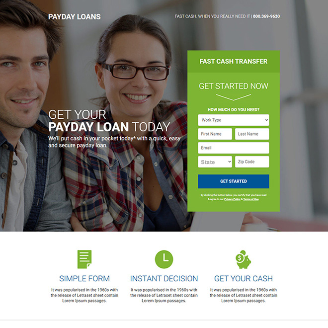 quick payday cash loan responsive landing page design