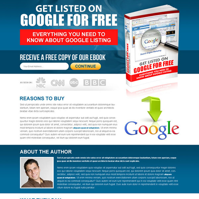 get listed on google for free ebook lead capturing landing page template Ebook example