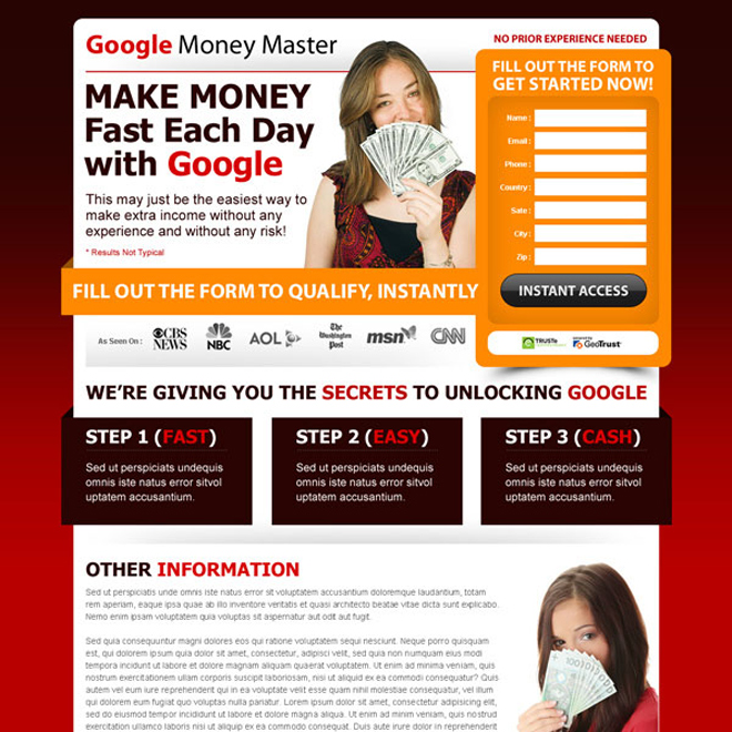 google money master information and converting landing page design template Google Money example