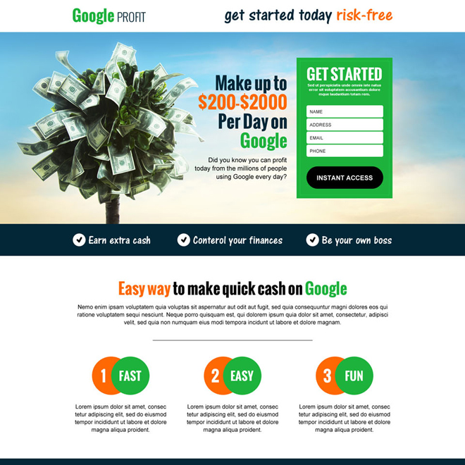 google money in cash responsive landing page design template Google Money example