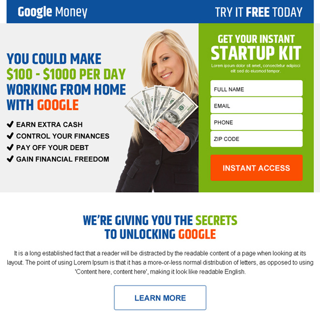 google money startup kit lead gen ppv landing page design Google Money example