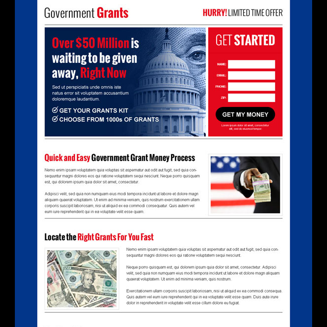 government grants money lead capture effective responsive landing page design Government Grants example