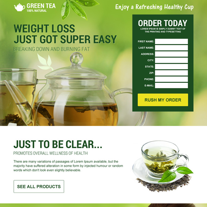 responsive green tea weight loss diet landing page design