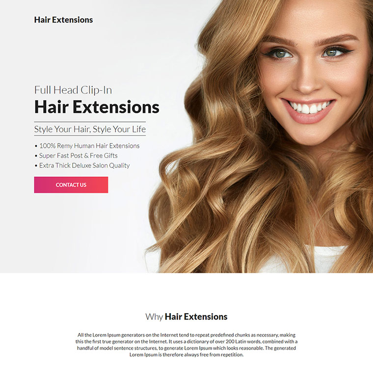 best hair extensions product selling responsive landing page Hair Care example