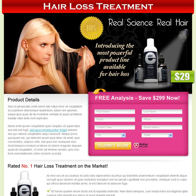 hair loss treatment clean lead capture design