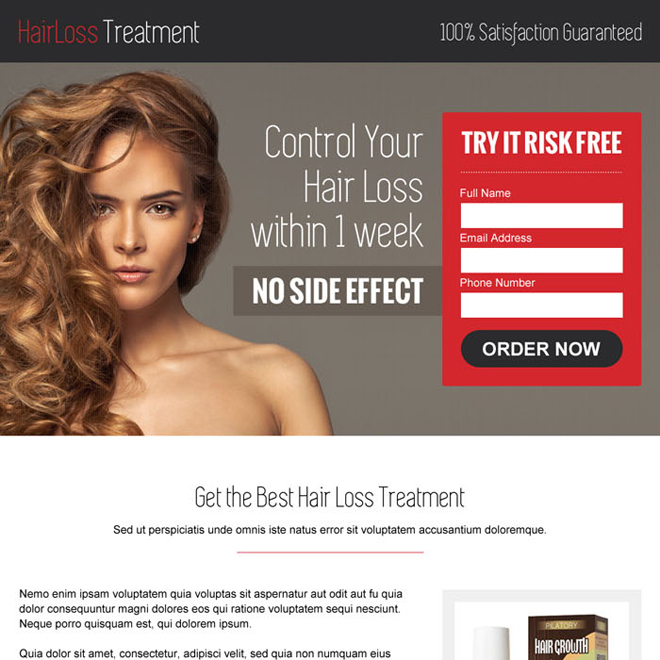 hair loss product selling lead capture responsive landing page design Hair Loss example