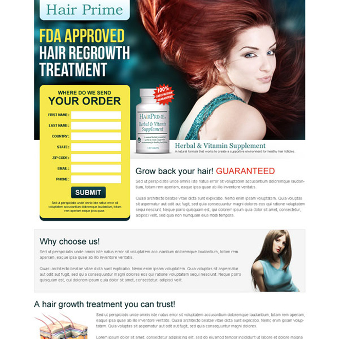 hair regrowth treatment clean and converting lead gen squeeze page design