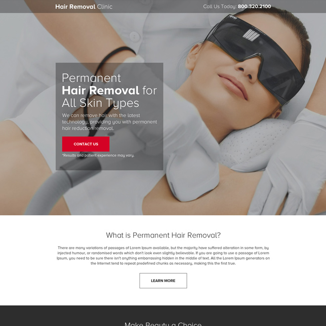 hair removal clinic responsive landing page design