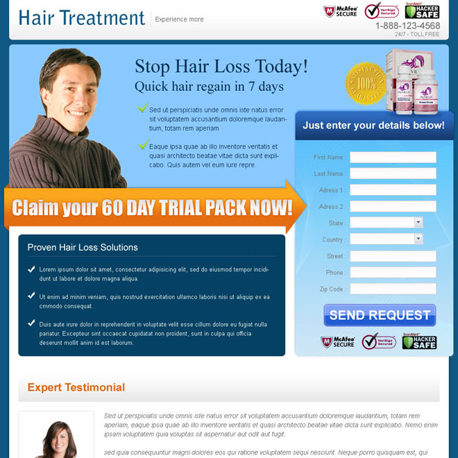 hair treatment clean and effective product selling landing page for sale Hair Loss example
