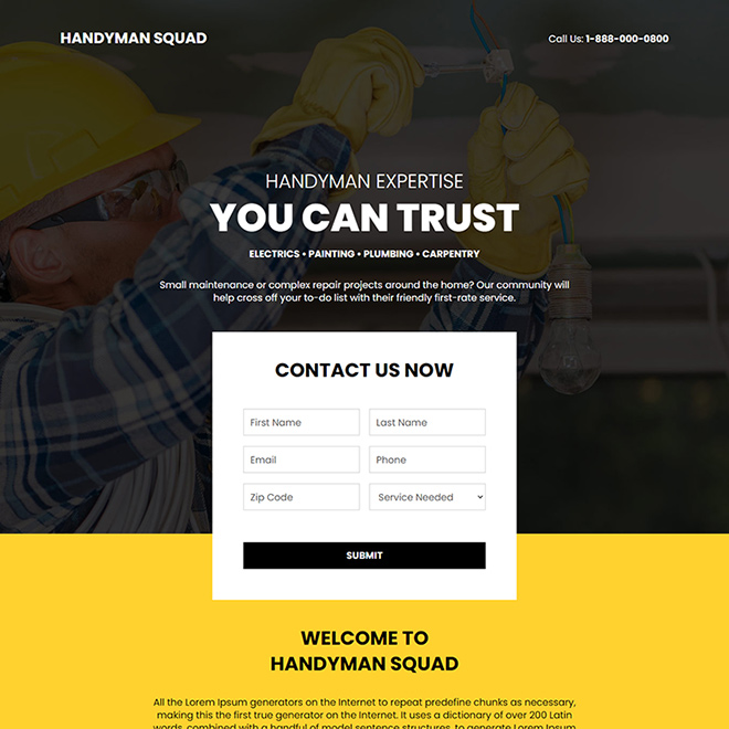 expert handyman responsive lead capture landing page design Home Improvement example