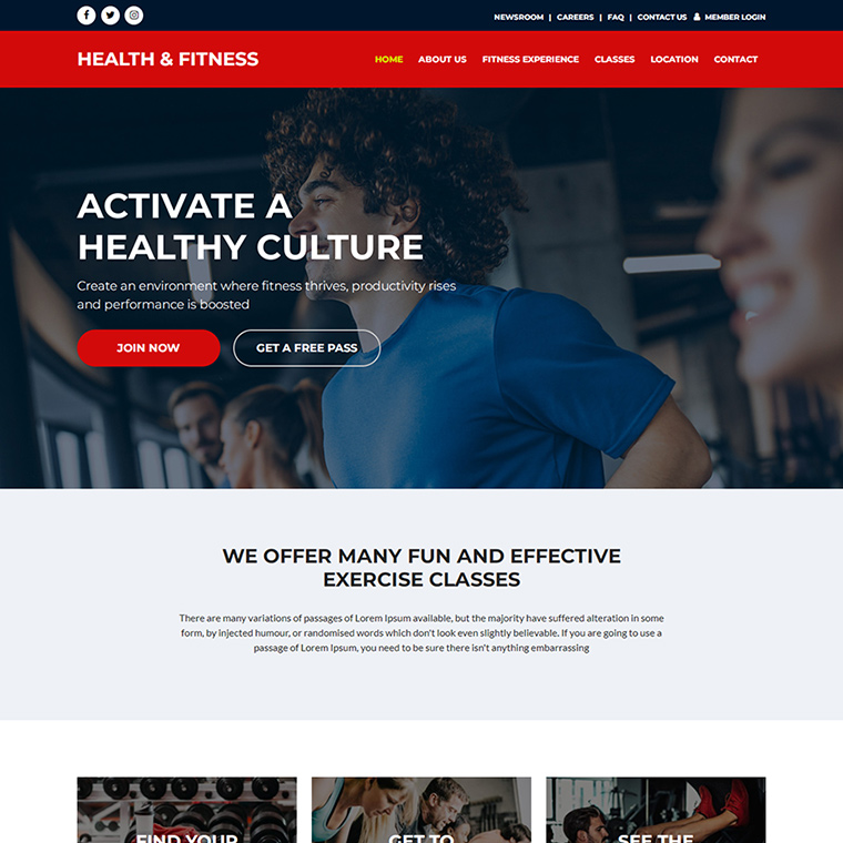 health and fitness center responsive website design