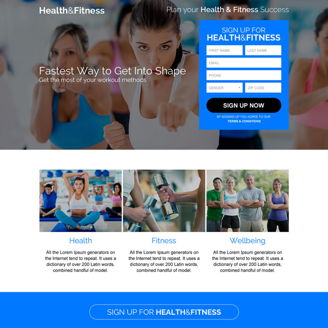 health and fitness sign up capturing responsive landing page Health and Fitness example