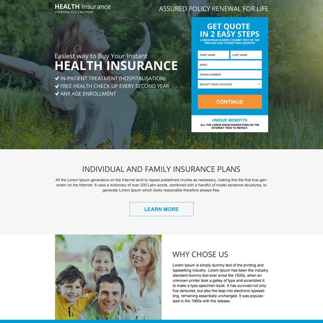 health insurance for family responsive landing page