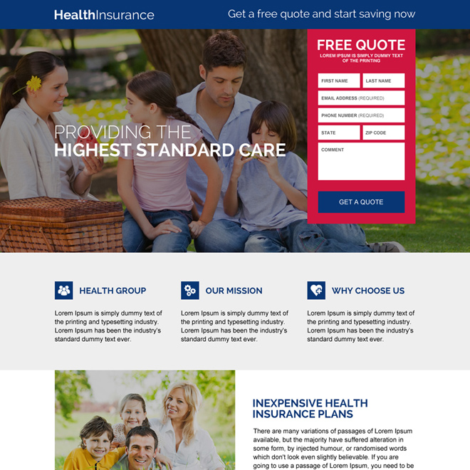 responsive health insurance free quote lead capturing landing page design Health Insurance example